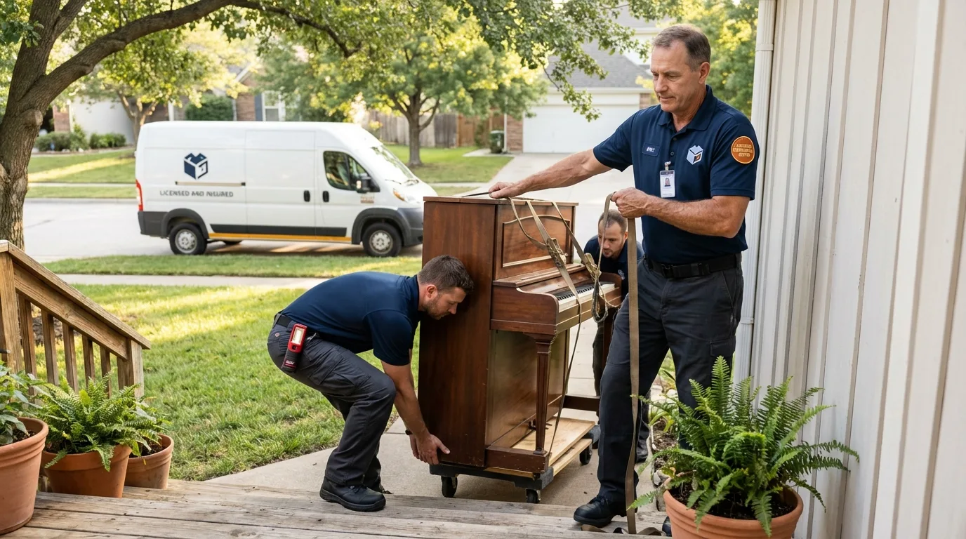 Licensed piano movers securing grand piano in Saxapahaw, NC