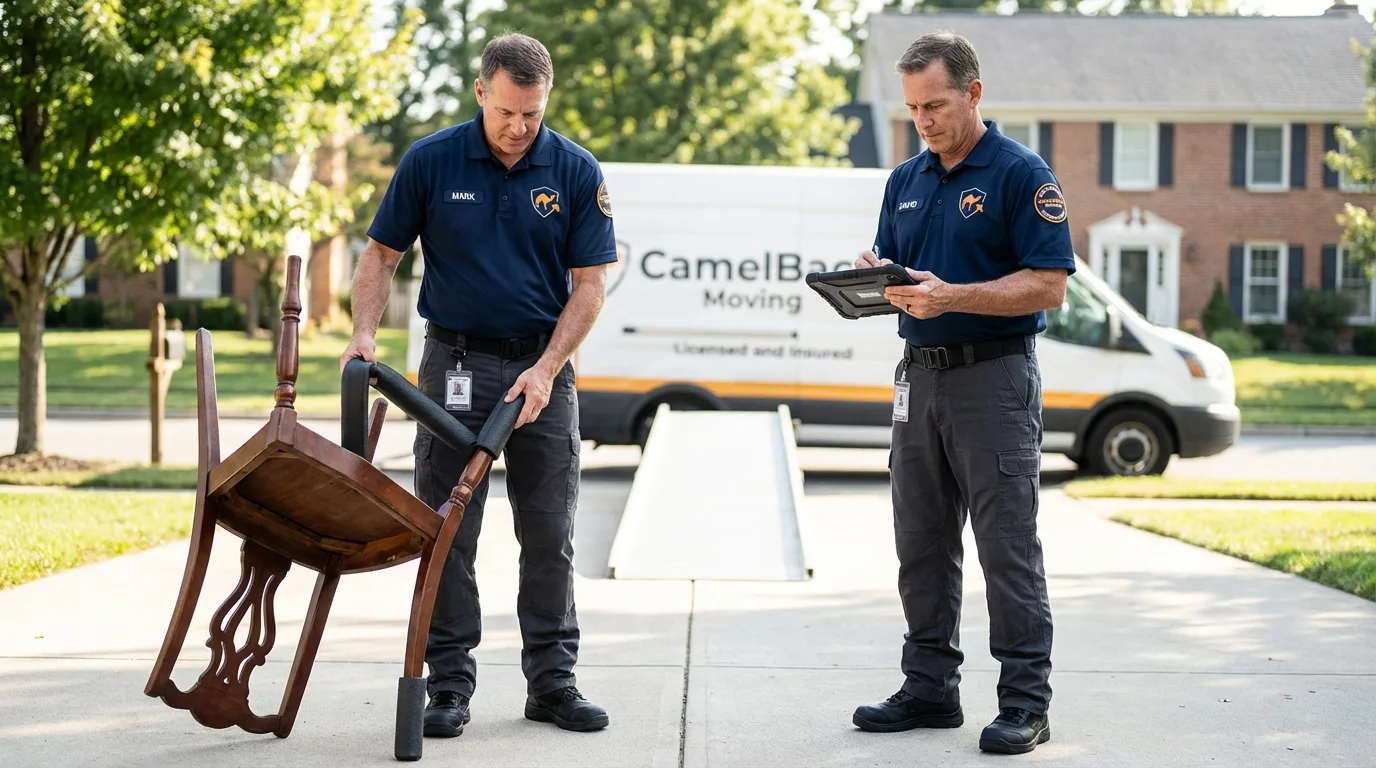 Movers inspecting furniture for damage prevention before loading in Saxapahaw, NC