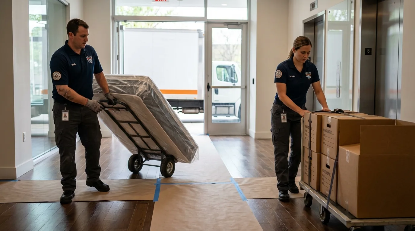 Professional apartment movers loading elevator in Saxapahaw, NC