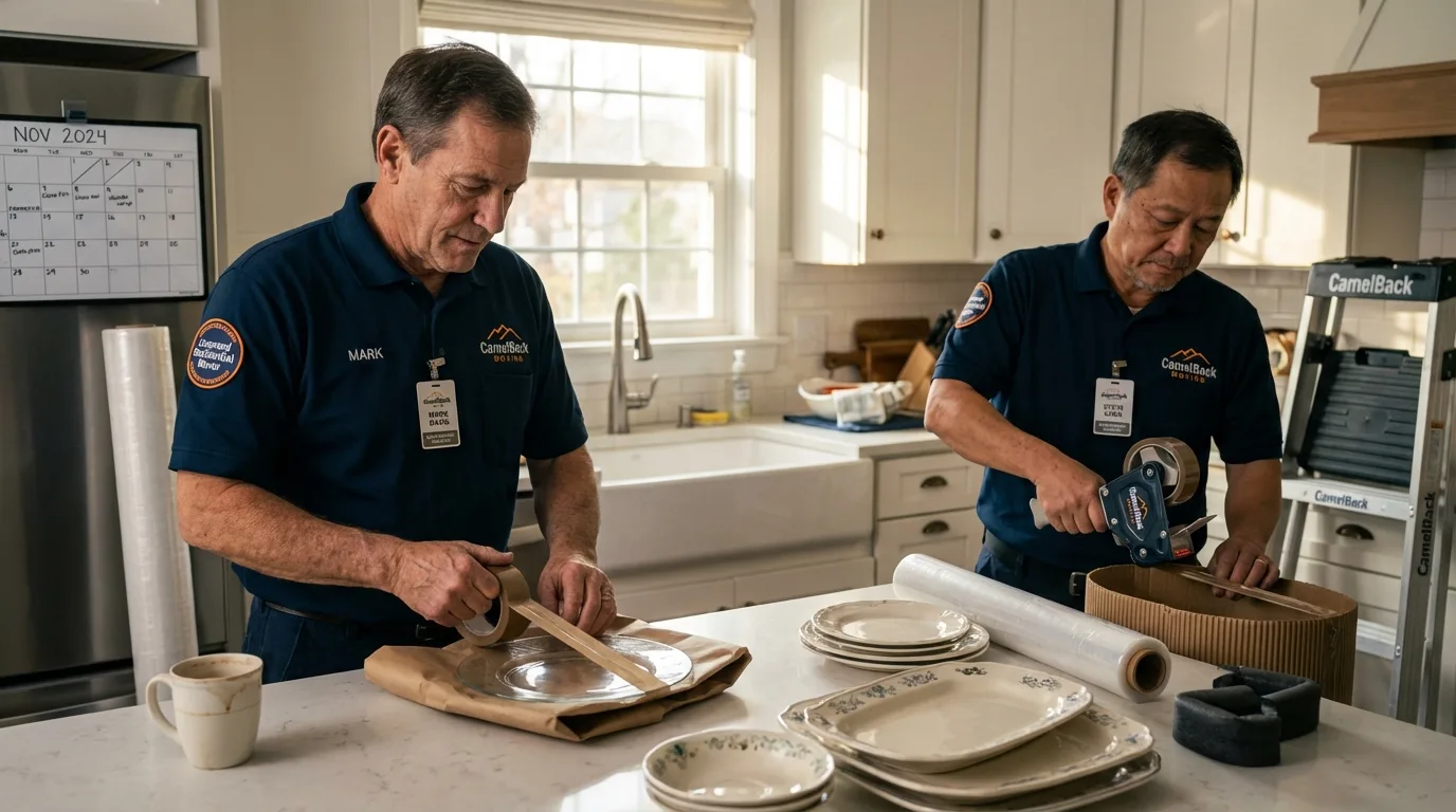 Professional crew packing kitchen dishware in Saxapahaw, NC